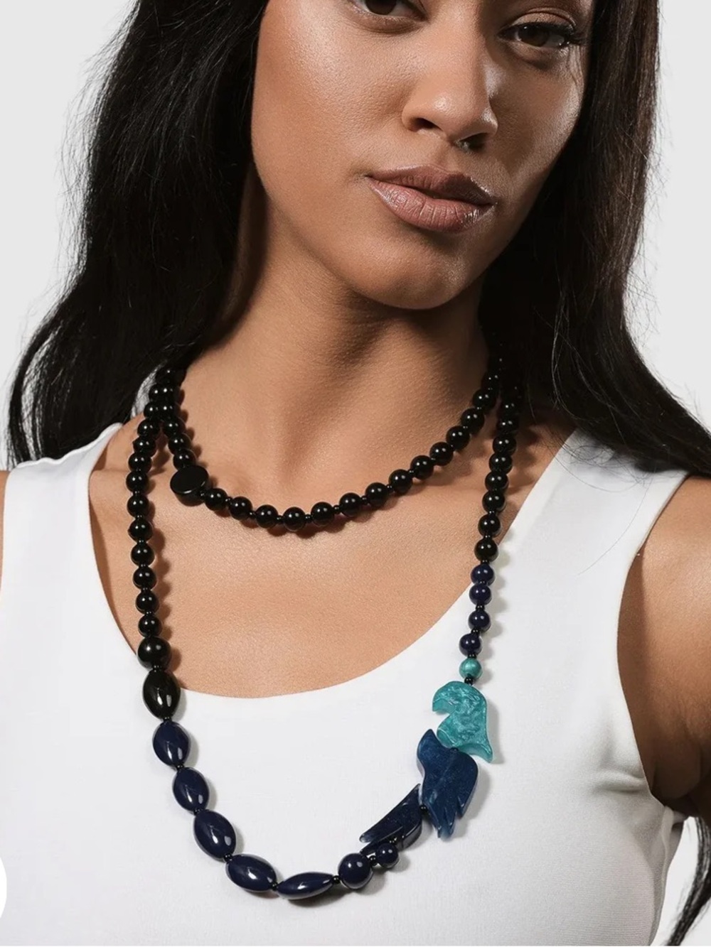 Alembika Tahiti Bird Beaded Necklace Black Blue Resin Statement Long NWT